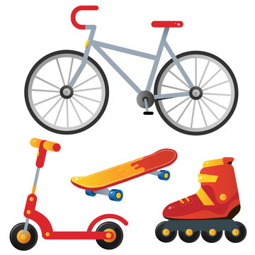 Color image of red Bicycle, scooter, skateboard and roller skates. Summer outdoor games and active recreation. Vector illustration set for kids.