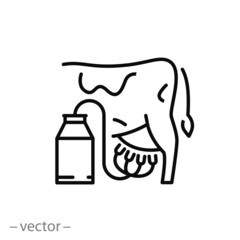 cow with milking machine icon, automatic for milk, dairy industry, thin line web symbol on white background - editable stroke vector illustration eps10