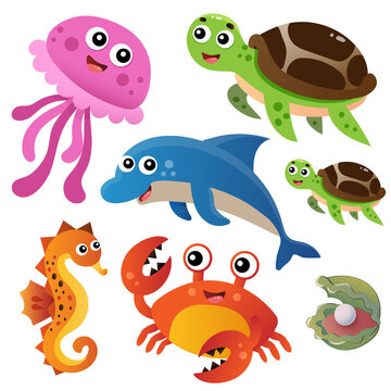 Color image of cartoon jellyfish, turtle, dolphin, seahorse and crab on white background. Marine life. Vector illustration set for kids.