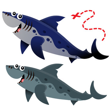Color image of big cartoon sharks on white background. Marine life. Vector illustration set for kids.