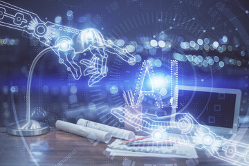 Double exposure of computer and technology theme hologram. Concept of freelance work.