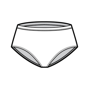 Classic briefs technical fashion illustration with mid waist rise bikini, full hips coverage. Flat Mini-short panties lingerie template front, white color. Women men unisex underwear CAD mockup
