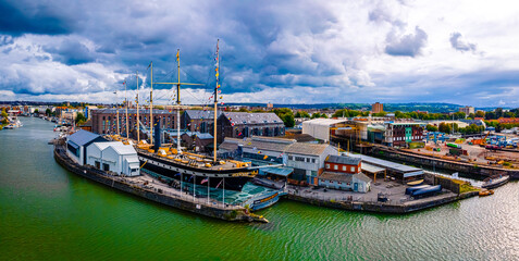 Aerial panorama of Bristol with SS Great Britain ship