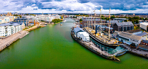 Aerial panorama of Bristol with SS Great Britain ship