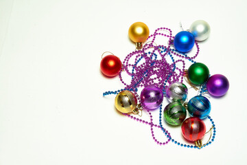 Christmas balls on a white background, top view, new year, Christmas decorations, holiday, christmas.