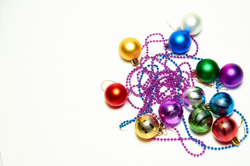 Christmas balls on a white background, top view, new year, Christmas decorations, holiday, christmas.