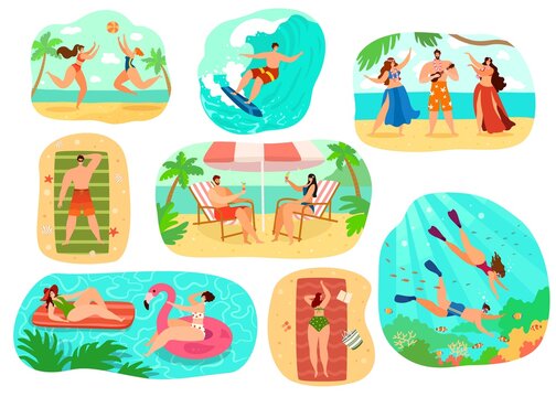 Beach people vector illustration set. Cartoon flat active happy man woman characters in sport activity, sunbathing in swimsuit, surfing or diving. Summer beachtime, beachfront party isolated on white
