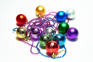Christmas balls on a white background, top view, new year, Christmas decorations, holiday, christmas.