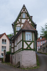 View of a very small half-timbered house in the old town of Bad Orb / Germany in the Spessart