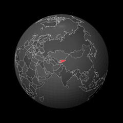 Dark globe centered to Kyrgyzstan. Country highlighted with red color on world map. Satellite world projection. Stylish vector illustration.