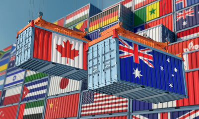 Freight containers with Australia and Canada national flags. 3D Rendering