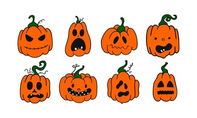 Happy Halloween. Set of scary carved pumpkin cartoons with funny faces. Vector illustration.