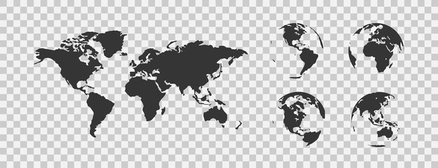 World map globe set black icon on transparent background. Geography isolated vector