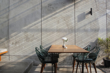 Interior design : dining room with industrial background concrete wall and pot plant 