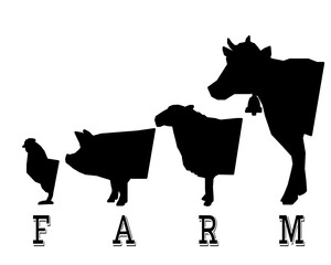 chicken, pig, sheep, cow. silhouette of animals with the inscription farm