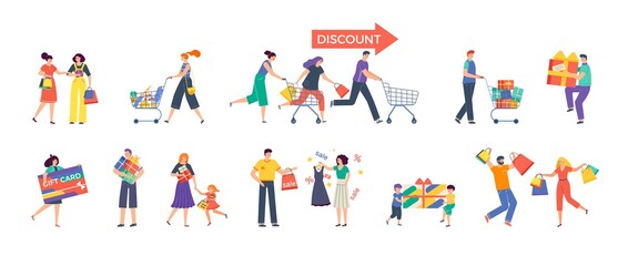 Shopping people vector illustration set. Cartoon flat man woman characters with cart full of purchases or shopper bags, happy family enjoying seasonal discount sale at store or shop isolated on white