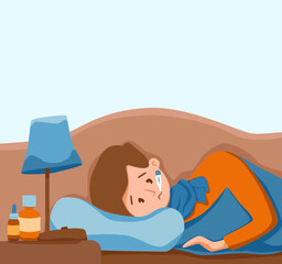 Sick child with fever with thermometer in mouth vector illustration. Unhappy little boy feel unwell with virus or cold illness, having headache, measures the body temperature laying in bed at home.