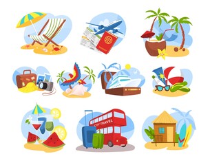 Travel object vector illustration set. Cartoon flat collection of traveling or sightseeing tour, items for modern traveler. Summer vacation or beach adventure, tourism concept icons isolated on white