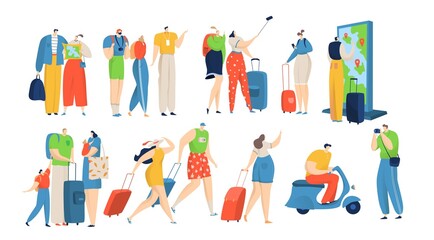 People travel vector illustration set. Cartoon active flat man woman travelers with bag or suitcase, family or friends characters traveling, tourists enjoying sights, make photo on vacation adventure