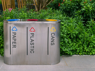 recycle waste management trash separate by can bin yellow color plastic bin red color and paper bin...