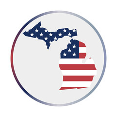 Michigan icon. Shape of the US state with Michigan flag. Round sign with flag colors gradient ring. Captivating vector illustration.