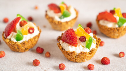 Healthy food and diet concept. Oatmeal backed cups with yogurt and berries. Weekend breakfast. Delicious food at home