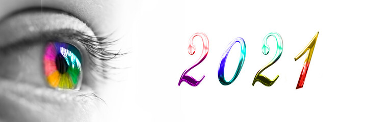 2021 and colorful rainbow eye on panoramic white background, 2021 new year greetings