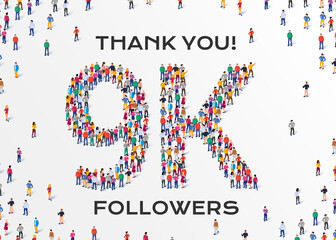 9K Followers. Group of business people are gathered together in the shape of 9000 word, for web page, banner, presentation, social media, Crowd of little people. Teamwork. Vector illustration
