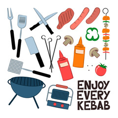 Fototapeta na wymiar Set of vector elements and icons for barbecue and grill-dispensing fork,meat,sausage,shish,knives,skewers,vegetables,shawarma maker, bbq maker,ketchup,mustard and funny phrase 