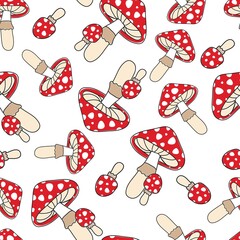 Red toadstools on a white background. Seamless pattern for element design, fabric, wrapping paper..