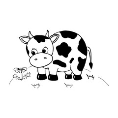 Cow. Cute cow in the meadow. Character in cartoon style. Black and white drawing isolated on a white background. Vector illustration