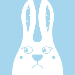 Vector cartoon sad bunny.  Negative emotion. Little rabbit on a blue background. Abstract animal.