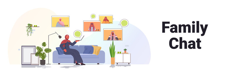 arab woman having virtual meeting with family members in web browser windows during video call online communication concept living room interior full length horizontal vector illustration