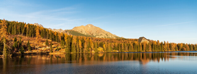 Strbske pleso lake with peaks on the background in autumn Vysoke Tatry mountains in Slovakia