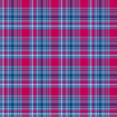 Seamless pattern in blue, bright pink and white colors for plaid, fabric, textile, clothes, tablecloth and other things. Vector image.