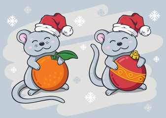Christmas rat cartoon character with toy and tangerine