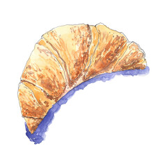Bright appetizing croissant hand drawn in watercolor sketching style. Bakery, pastry design element. Food illustration.