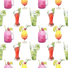 Bright cocktails watercolor seamless pattern with Blood Mary, Mojito, smoothies hand drawn in sketch style. Popular alcoholic and non-alcoholic drinks for background, wallpaper, textile design.
