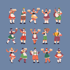 set mix race waiters holding beer mugs Oktoberfest party celebration concept happy people in german traditional clothes having fun full length vector illustration