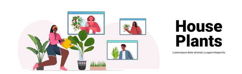 woman watering houseplants african american housewife discussing with friends in web browser windows during video call full length copy space vector illustration