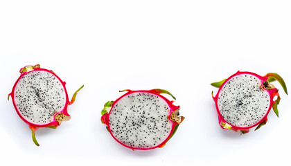 Ripe dragonfruit or pitahaya on wihte background. Top view