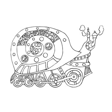 Steampunk style snail. Mechanical animal. Coloring book for adult and children vector illustration. antistress coloring. linear drawing of the robot's snail isolated on a white background.