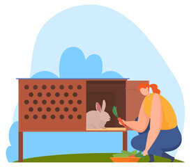 Farm animals, farmer. Feeding rabbits. Vector illustration