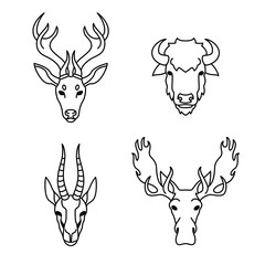 Animals with horns in flat style.Line head of deer, elk, bison, and antelope.Vector isolated icons.Vector illustrations of wildlife animals.