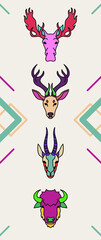 Animals with horns in colorful flat style.Line head of deer, elk, bison, and antelope.Vector isolated icons.Vector illustrations of wildlife animals.