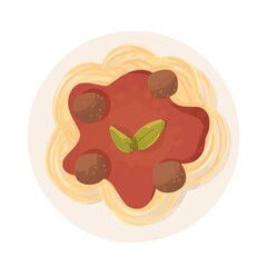 Simple minimal spaghetti bolognese plate top view with tomato sauce and meatball with a basil leaf food illustration vector design icon element isolated on a white background