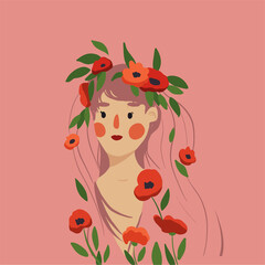 Cute cartoon girl with flowers wreath. Dots eyes and cheeks. Vector illustration