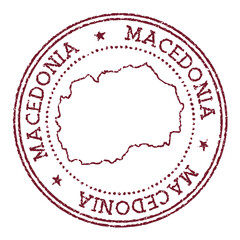 Macedonia round rubber stamp with country map. Vintage red passport stamp with circular text and stars, vector illustration.