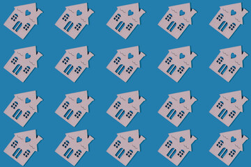 Pattern. Repetition of the silhouette of a white house on a blue background. Construction and financing concept. Horizontal