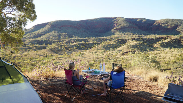 Hiking and camping in the hilly landscapes near Dales Gorge and Karijini National Park in Western Australia.